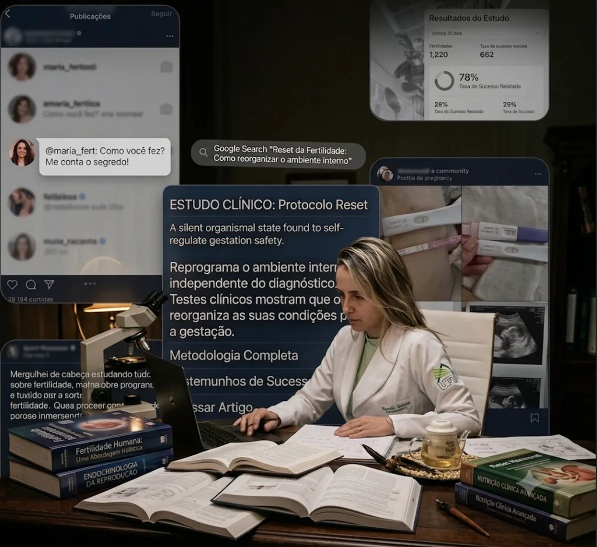 Estela pesquisando o Reset da Fertilidade, cercada de estudos e mensagens de mulheres